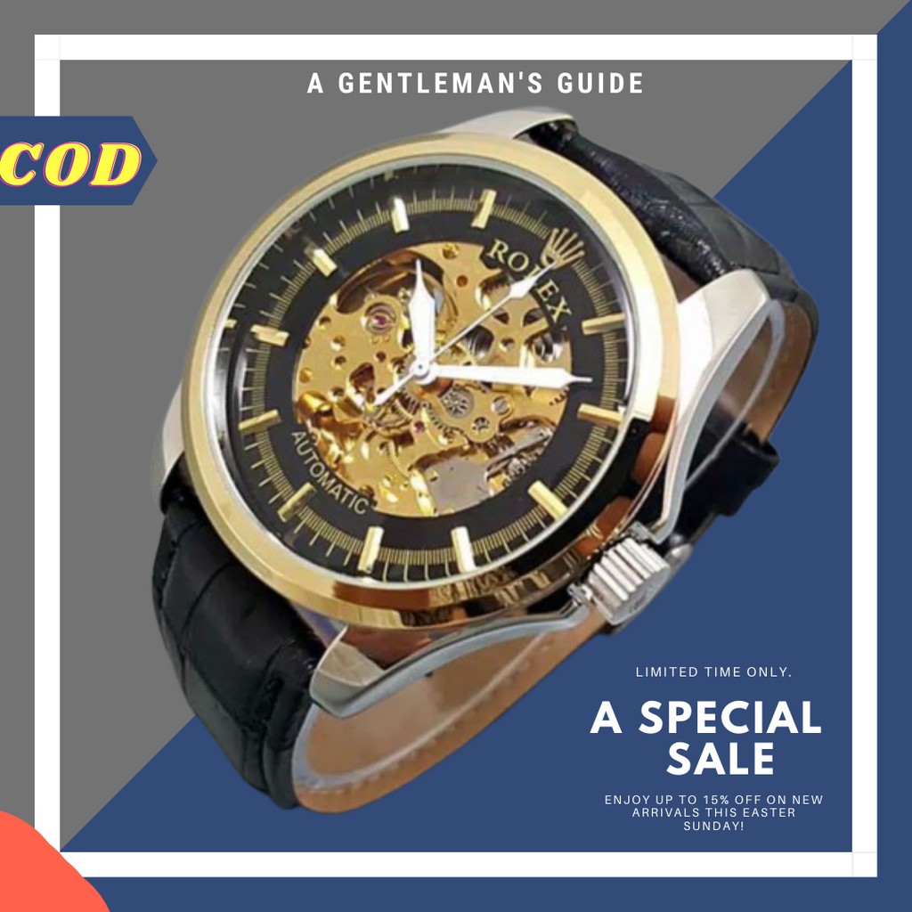 Jam Tangan Pria Rolek Automatic Transparan Hitam Tali Kulit Berkualitas