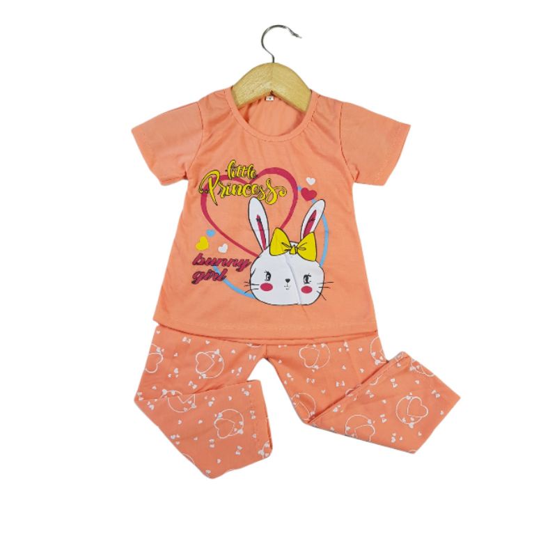 SETELAN SIKUNING PAKAIAN BAJU ANAK PEREMPUAN 2-7 TAHUN MOTIF  LITTLE PRINCES BUNNY GIR LENGAN PENDEK