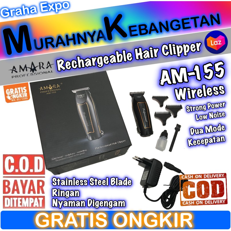 Amara Professional Hair Clipper Alat Cukur Rambut AM-155 Wireless Rechargeable Recas Isi Ulang