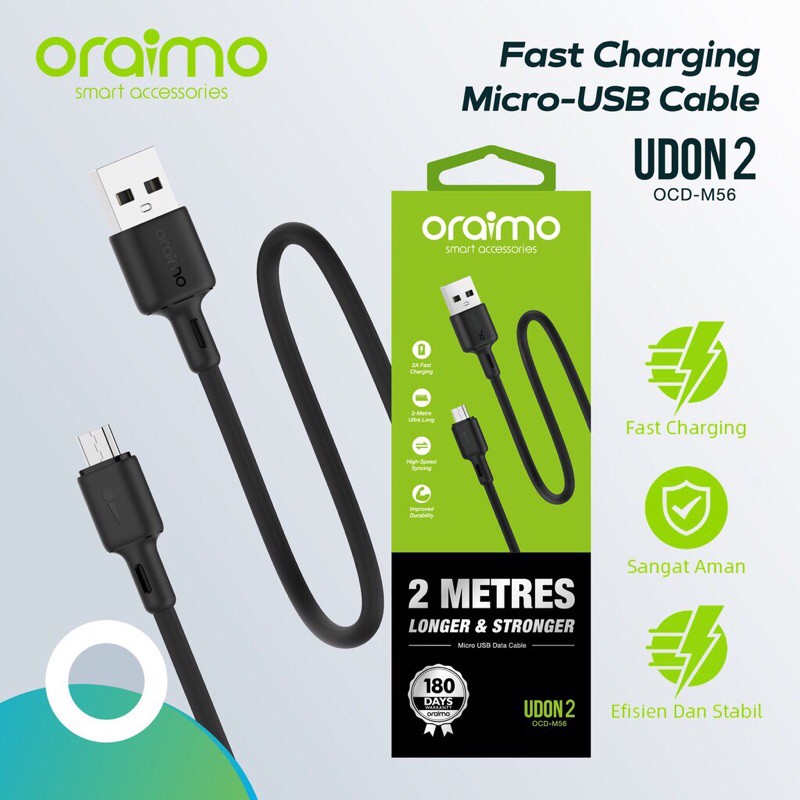 Oraimo OCD-M56 Kabel Data Micro USB 2 meter Android Data Cable Fast Charging - Garansi Resmi 1 Tahun