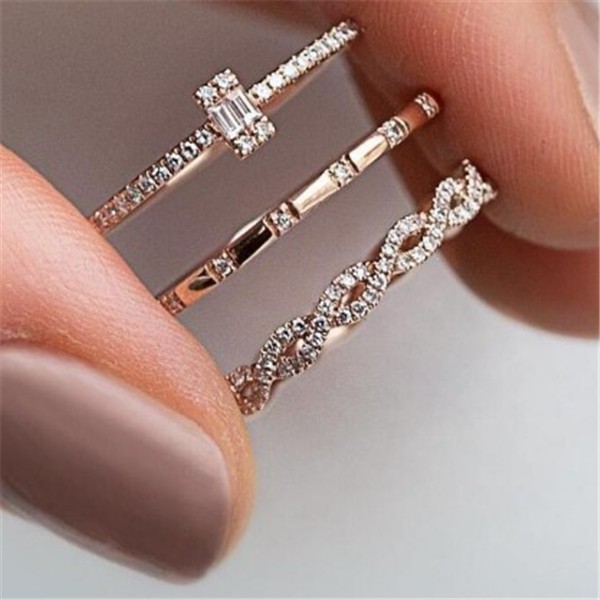 3pcs / Set Cincin Kristal Cubic Zirconia Tipis Stackable Untuk Pernikahan