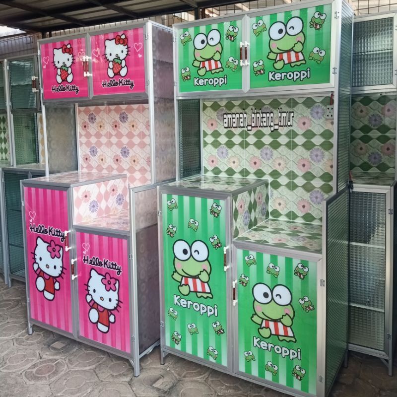 rak piring keramik kaca lukis karakter 2 pintu
