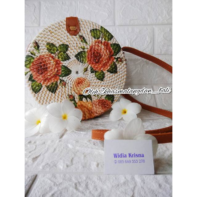 TAS RATTAN DECO ORI BALI DIAMETER 20CM(Motif Rose)