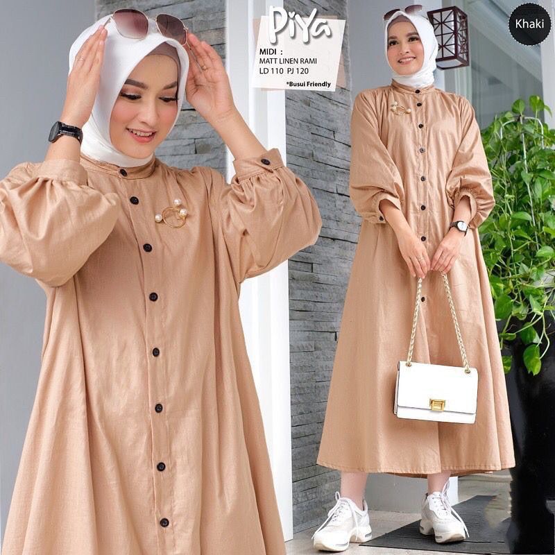 PIYA MIDI DRESS/DRESS TERBARU/MIDI DRESS LINEN RAMI/PAKAIAN WANITA MUSLIM KEKINIAN/COD BAYAR DI TEMPAT/FAR MOSLEMSTORE