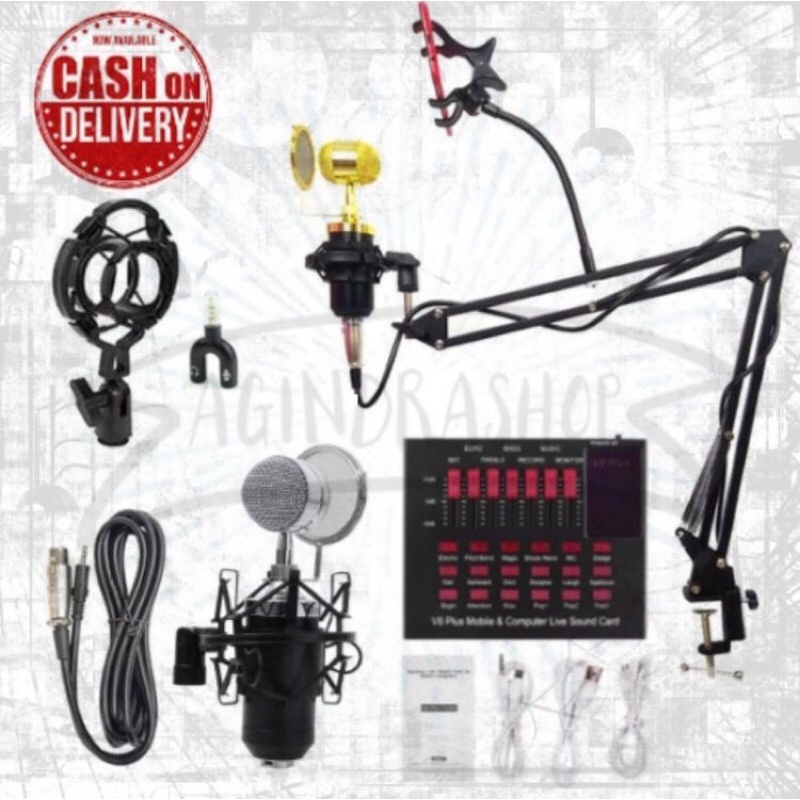 Promo Paket Komplit Mic Condenser Microphone Bm 8000 With Stand Holder 360 Lazypod + Soundcard V8