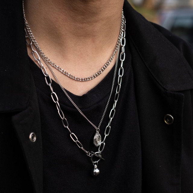 Kalung rantai 3 layer gaya korea fashion pria wanita murah
