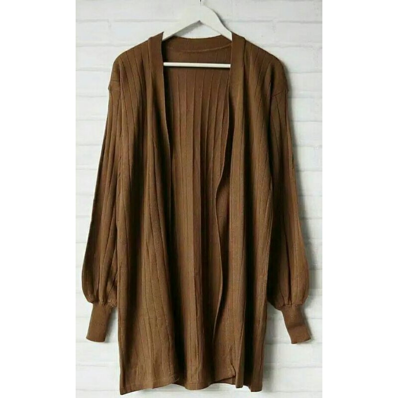 Outer Long Cardigan Motif Jalur Lengan Balon Bersaku