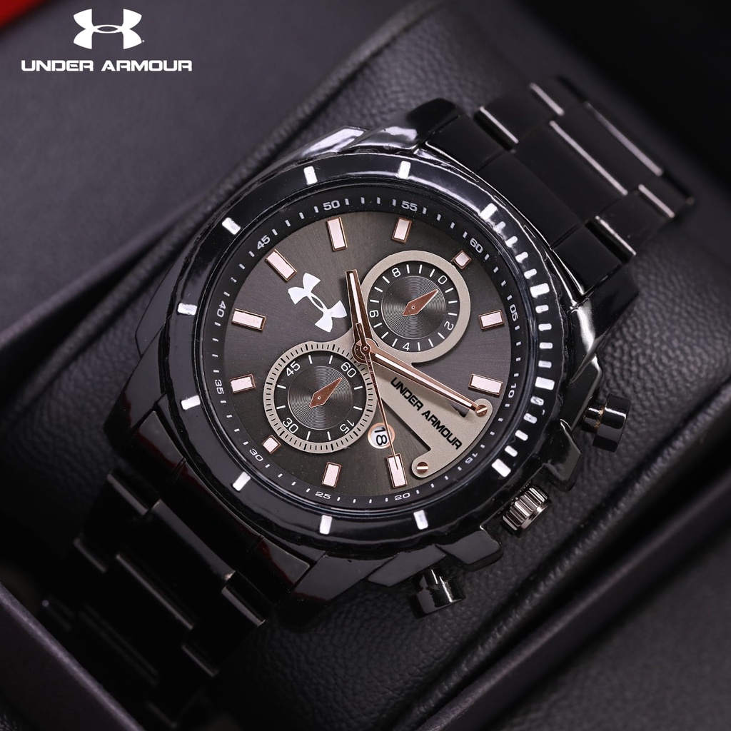 BEST SELLER JAM TANGAN PRIA UNDER 4RMOUR FM85 TALI RANTAI CHRONOGRAPH TANGGAL AKTIF DM 4.5CM FREE BOX BATERAI CADANGAN || JAM TANGAN FASHION PRIA JAM TANGAN COWOK MURAH UNDER