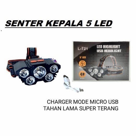 Lampu Senter Kepala 5 LED 4 Mode USB Charge L-T21