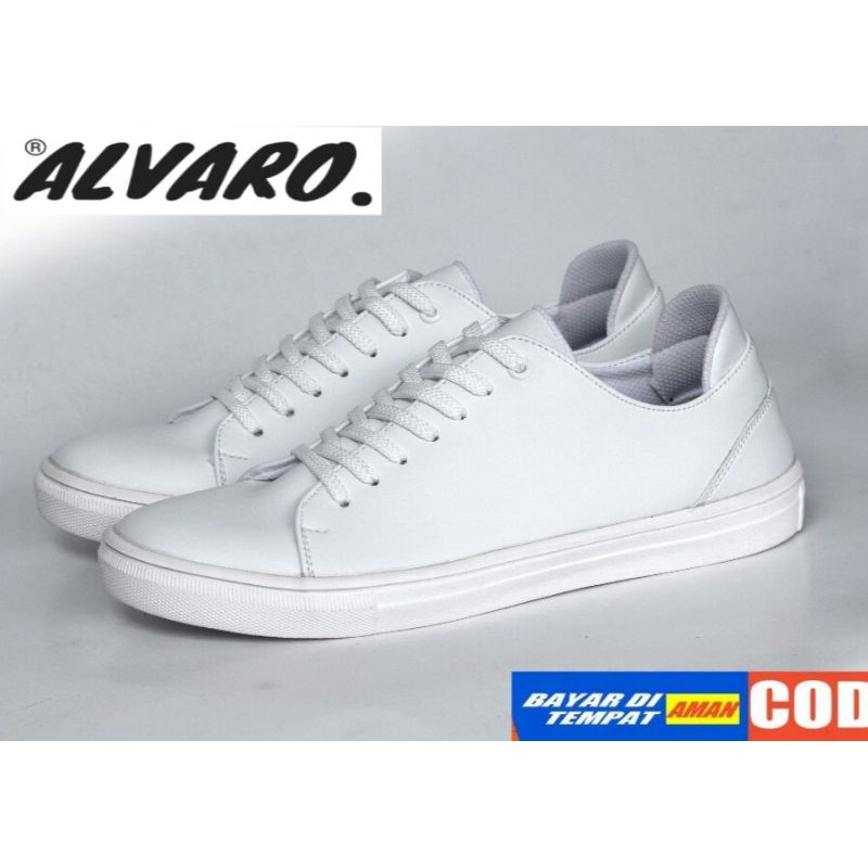 ALVARO TROY FULL WHITE -Sepatu Casual Sneakers Kasual Pria Polos Ori Cowok Kulit Sepatu Putih Trendy