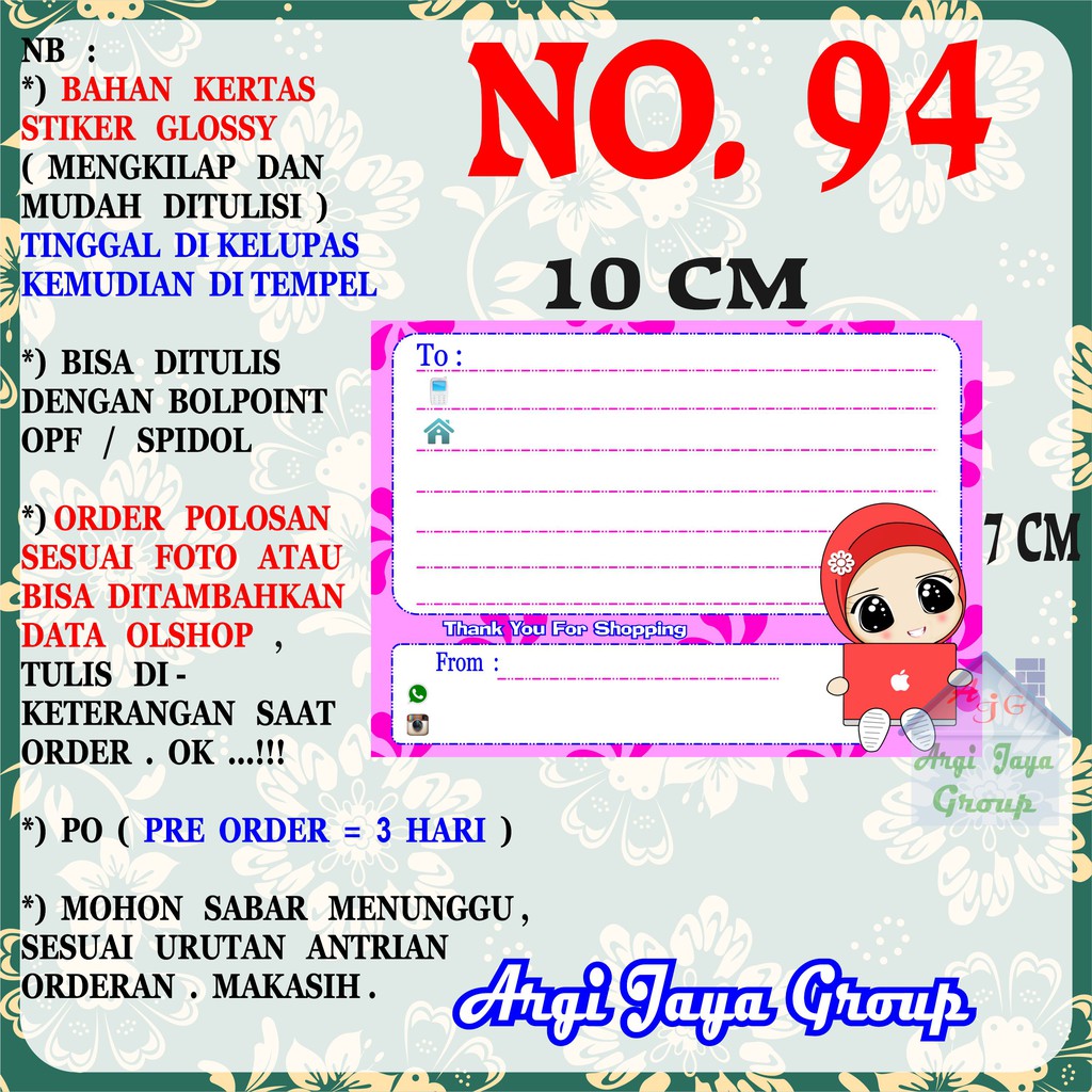 

Stiker Pengiriman - Sticker Alamat Olshop Murah Nomer 94 - 10x7 cm - Glossy