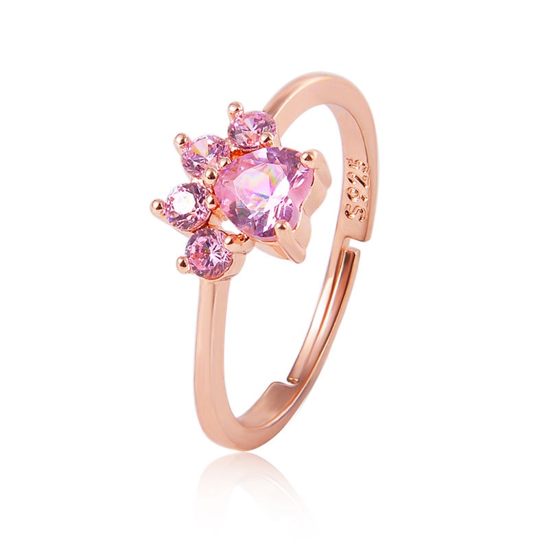 Cincin Open ring adjustable Desain Kartun Telapak Kaki Kucing Hias zircon Untuk Wanita