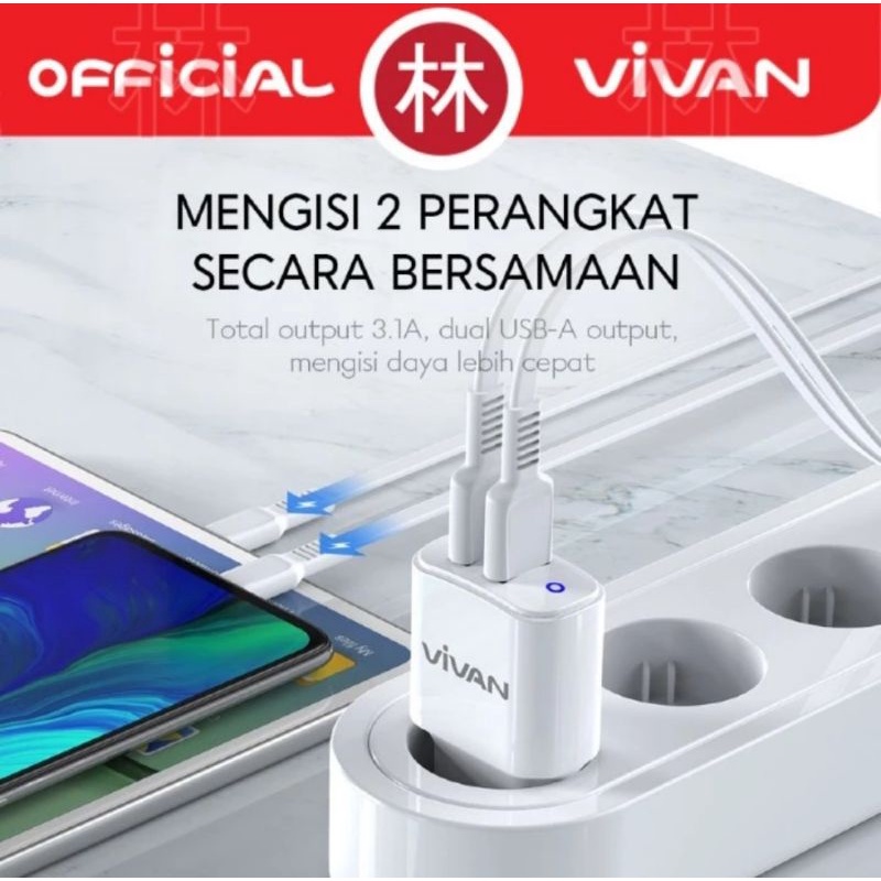 Vivan VP01 Dual Output USB Quick Charging 3.1A &amp; Data Cable Micro USB