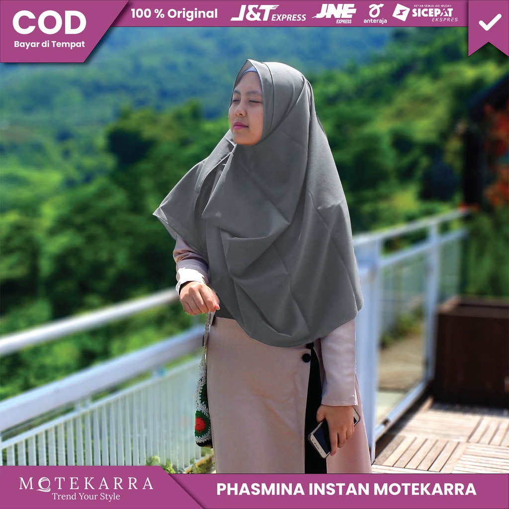 3 PCS Kerudung Hijab Phasmina / Pasmina Instan Polos 2 Lubang Bahan Diamond Abu-abu / Grey Orignal B