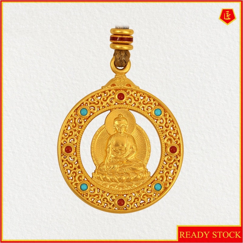 [Ready Stock]Fashion Gold Plated Inlaid Hollow Necklace Avalokitesvara Pendant