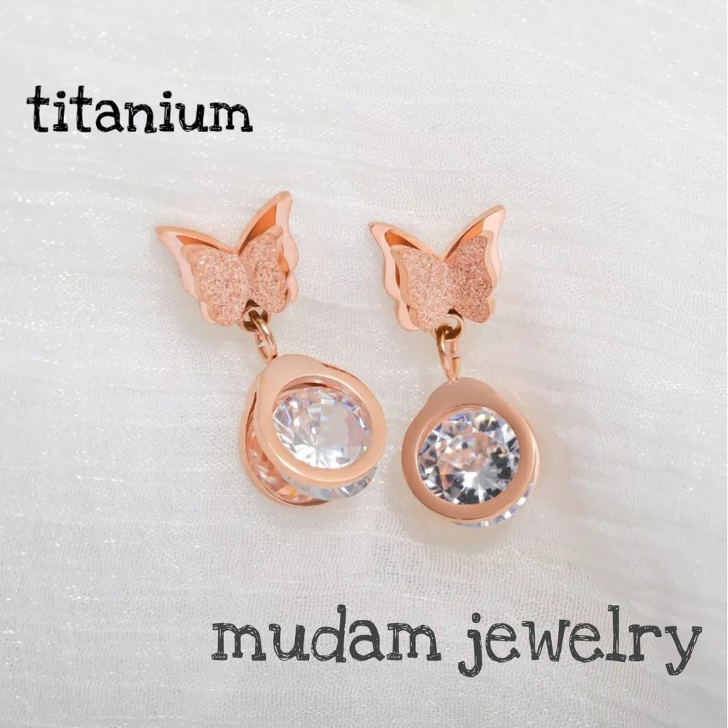 Anting Tusuk Titanium Kupu-Kupu Dengan Bandul Diamond Artifisial Tersedia Warna Rose Gold dan Gold