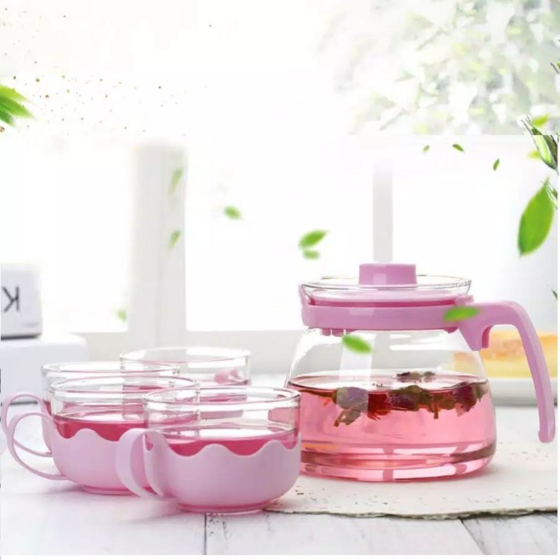 Tea Pot set 5 in1 4 Gelas Kaca 1 Teko Lucu Warna Cantik