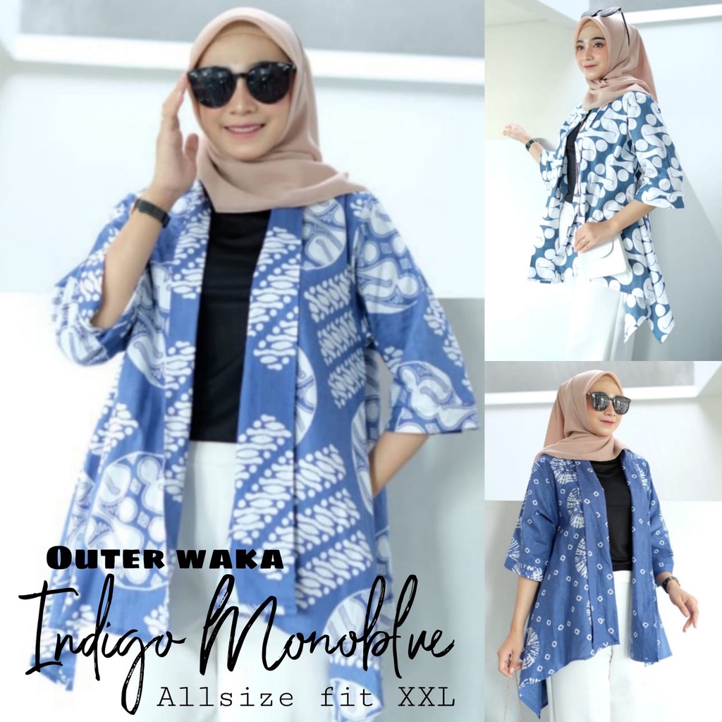 Outer Vania Waka Indigo Monoblue Batik Cardi Wanita Formal Kerja Allsize Batik Cap Lengan 3/4 Cantik Murah Cardigan Nikita Blazer