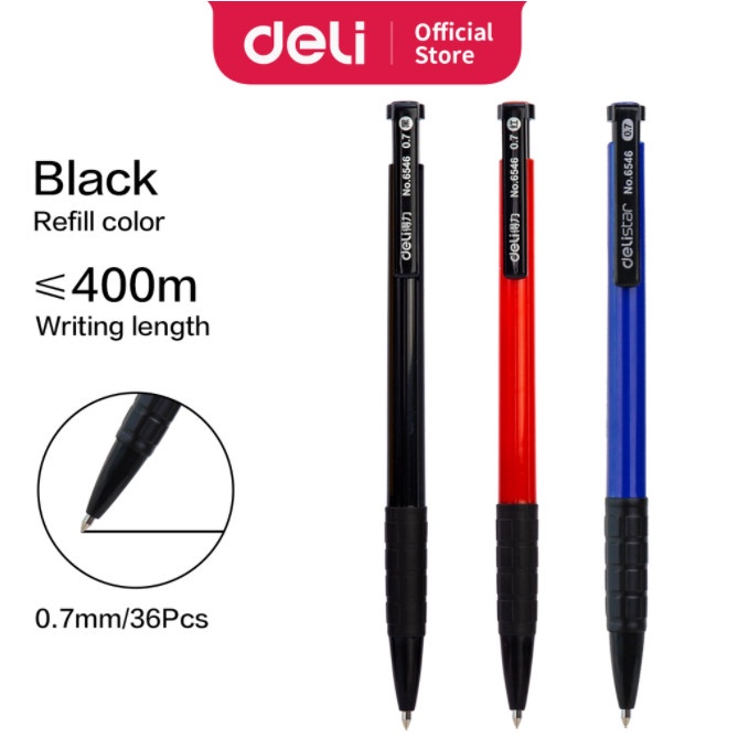 

CODE136 Deli Rectractable Pen/Pulpen Cetek 0.7 mm 36 pcs Hitam/Biru/Merah 6546