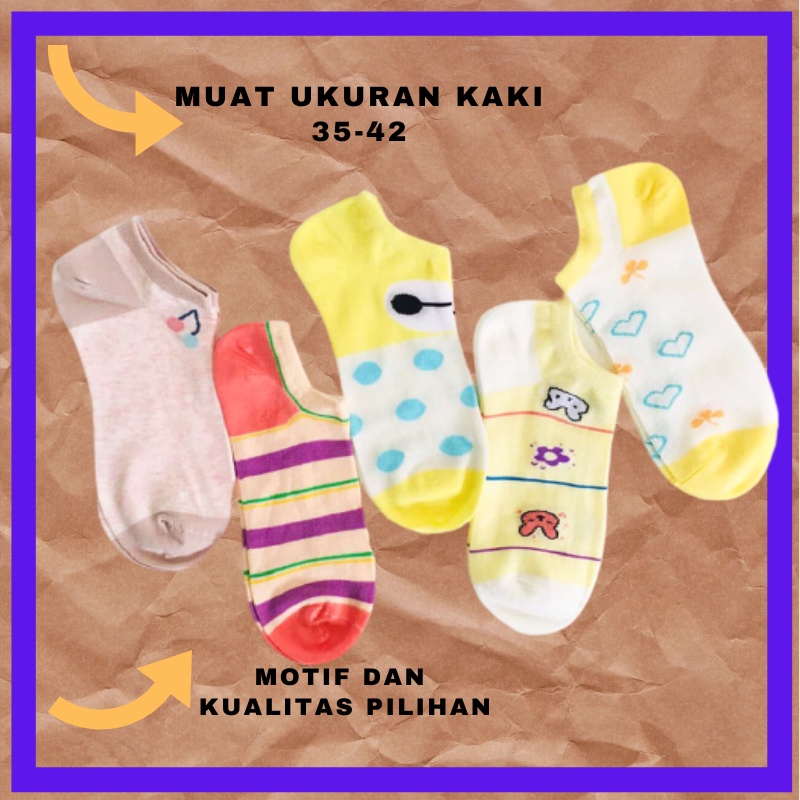 KAOS KAKI PENDEK WANITA. 5 PASANG KAOS KAKI WANITA PENDEK. KAOS KAKI MOTIF WANITA IMPORT