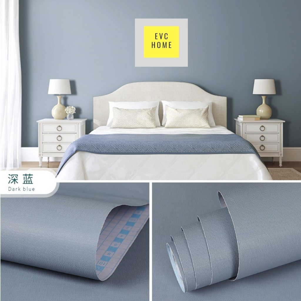 EVCHOME 45CM x 10M Wallpaper Sticker Dinding Polos 3D Korea Premium/Wallstiker Embos Dekorasi Dinding-Navy