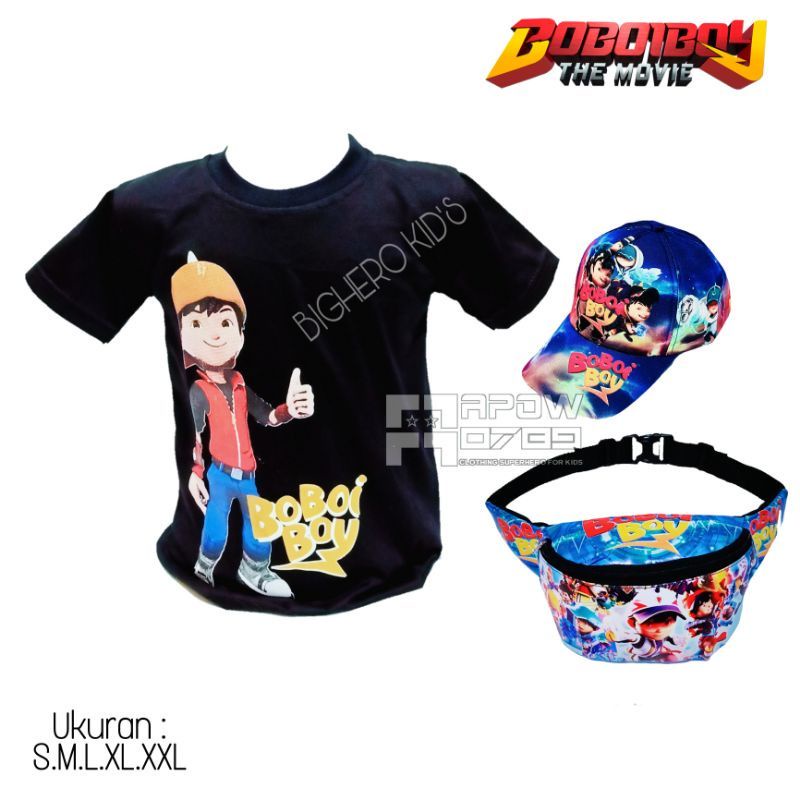 Paket murah 3in1 kaos anak laki-laki Boboiboy | free tas waistbag anak dan topi Boboiboy