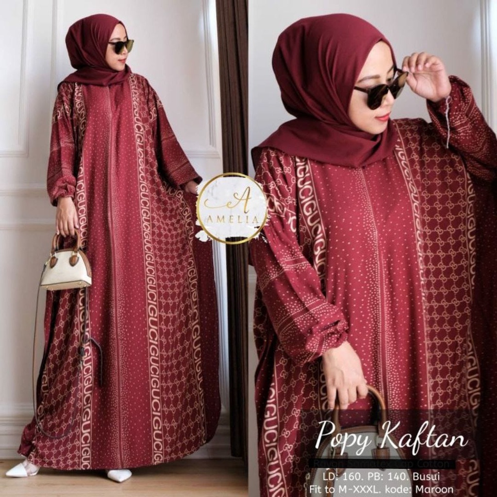 Batik A W - Kaftan Batik Wanita Jumbo Popy Kaftan Motif Branded Gucci Lengan Panjang Busui Resleting Gamis Rayon Jumbo Kaftan Terbaru