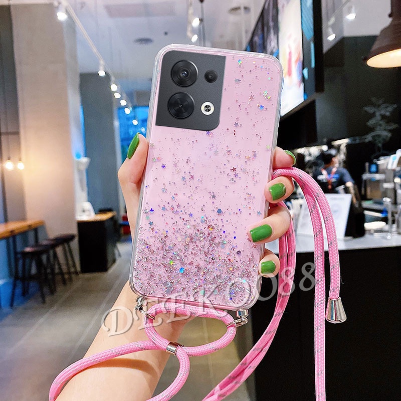 Case Oppo Reno 8 5G Clear Bening Gliter Tali Lanyard Popsocket Ring Standing HP Silikon Casing Handp