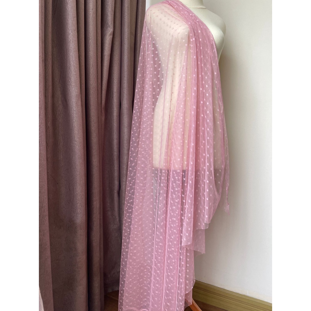 Bahan Kain Tile Tille Tule Tulle Dot Dotty Warna Dusty Pink Merah Muda