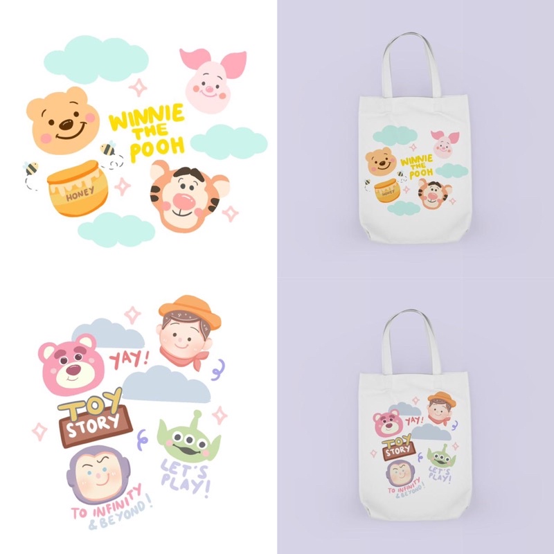 Tote Bag Bergambar Cute Doodle Disneyy/Toy Story/ Winnie the Pooh/ Stitch/ Monster inc/ Chipmunk/ Micky Mouse