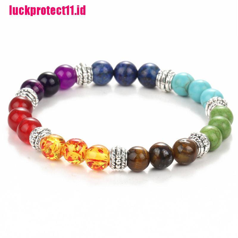 (LUCK) 1pc Gelang Tangan Wanita Manik Batu Lava Rock Chakra Reiki 7 Batu Permata