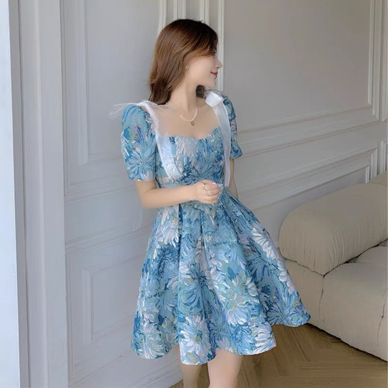 dress artistic gaun seni Artistic oil painting dress with suspenders retro with vintage sweet court style small crowd fleeing princess dress summer Korea dress