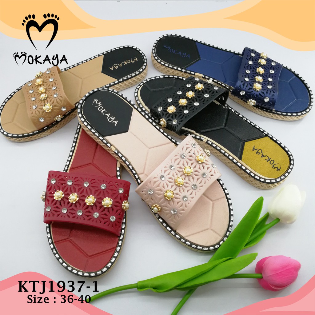 Sandal slop wanita manik Bunga Permata Cantik Elegant Import mokaya/ size 36-40 (KTJ1937-1)