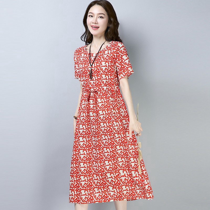 Dress Midi Wanita Casual Model Slim Longgar Bahan Katun Linen Versi Korea