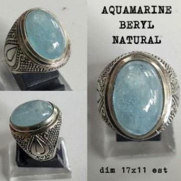cincin batu Aquamarine biru laut natural