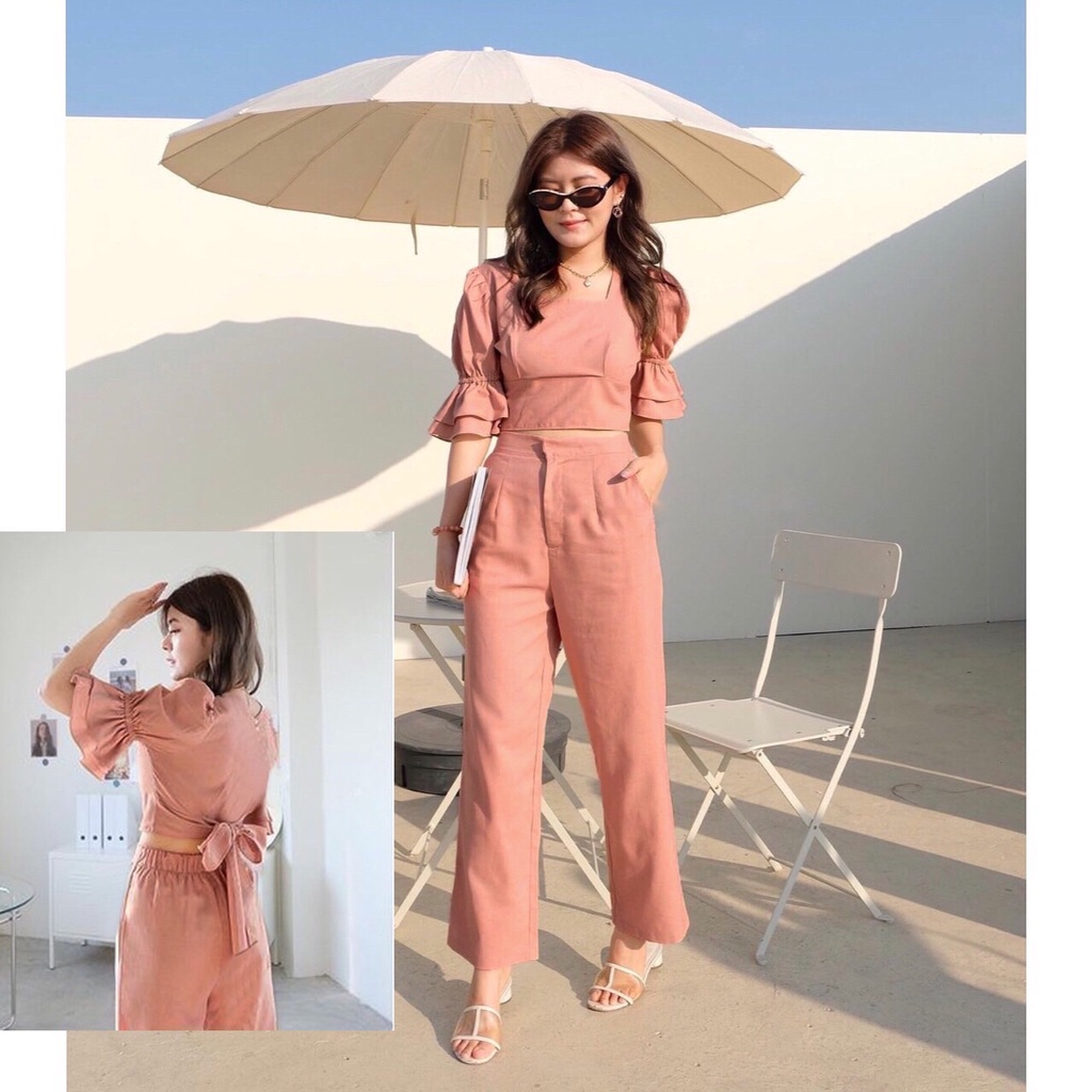 SET6614 Linen Double Ruffle Sleeves Top & Pants Set-1
