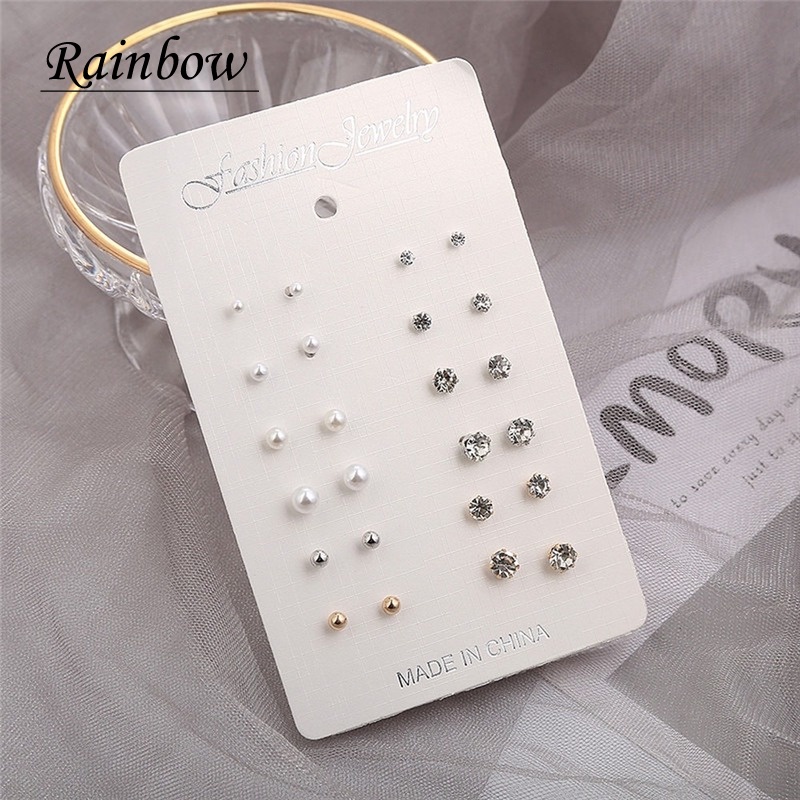 12 Pasang / Set Anting Tusuk / Stud Mutiara / Berlian Imitasi Untuk Wanita