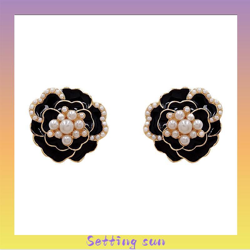 925 anting-anting mutiara Camellia Retro anting-anting bunga berlian TN