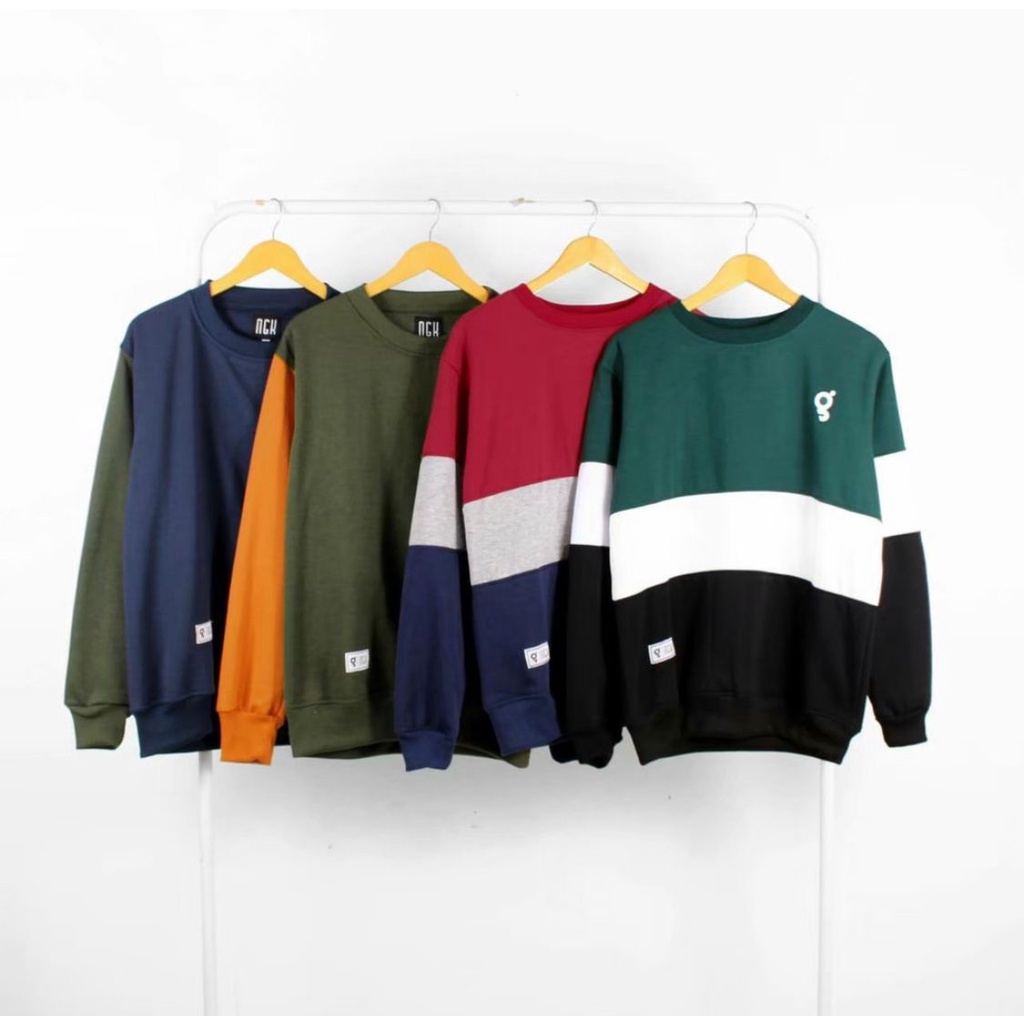 PLATINUM WOLRD Sweatshirt Crewneck Kombinasi Polos Original Local l Jaket Sweater Kombinasi Basic Original