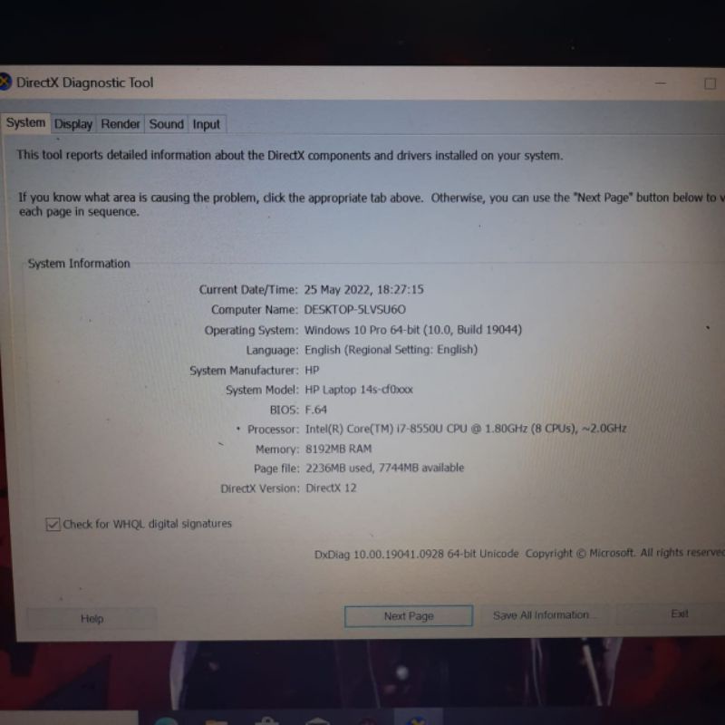 Laptop HP 14s-ck0132TU Core i7 - 8550U Ram 8/SSD 128GB+HDD 1TB Amd Radeon R7 M440 2GB Keyboard Backlight
