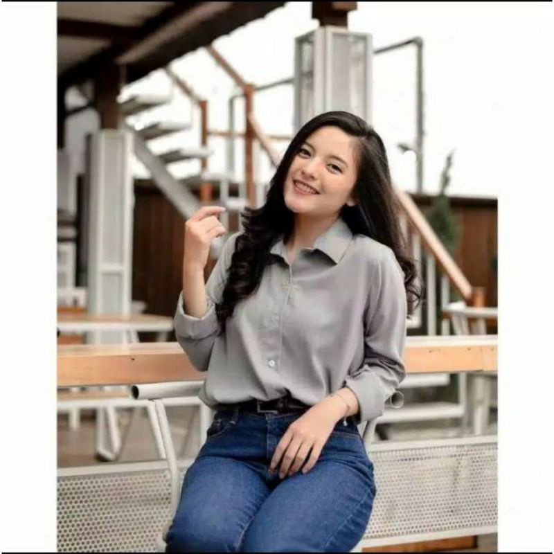KEMEJA WANITA CASUAL POLOS BASIC AUDREY BASIC SHIRT KEMEJA LENGAN BALON POLOS, KEMEJA TANGAN BALON-6