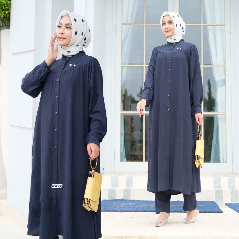 Stelan Rayon. Setelan Muslim. Setelan crinkle. Laluna Set. Baju Wanita. Fashion Muslim. Baju Muslim. Baju Busui friendly