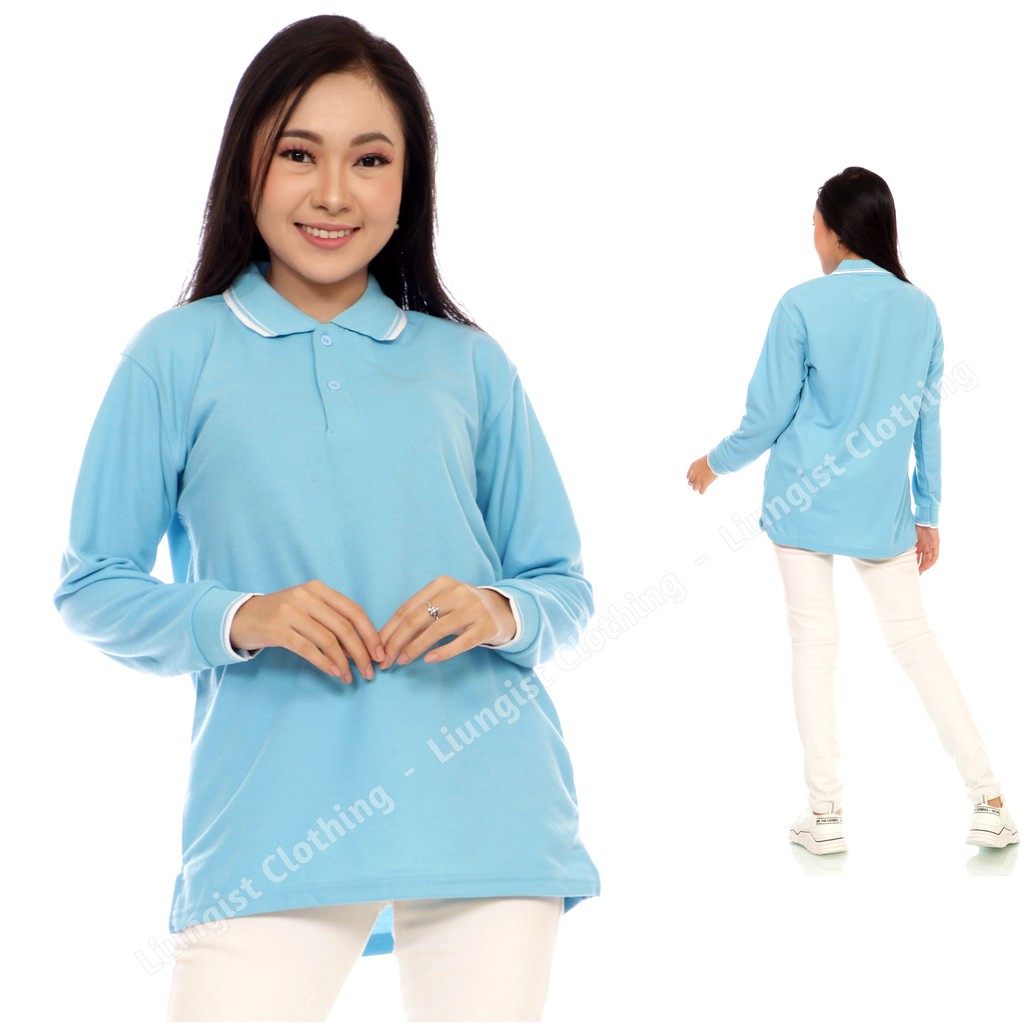 Kaos Polo Panjang Unisex Biru Laut List Putih / Kaos Kerah / Poloshirt / Polo Shirt Panjang