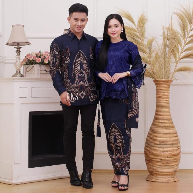 BATIK COUPLE KEBAYA MODERN ATASAN BRUKAT WANITA BAJU TUNANGAN TERBARU - Biru