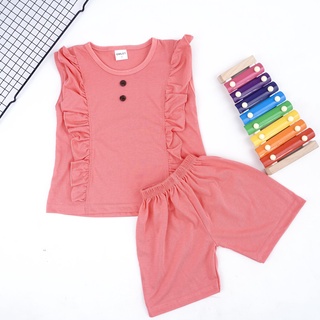 VS - SET IVE KANCING ANAK PEREMPUAN RUFFLE | SETELAN BAJU ANAK LENGAN BUNTUNG CELANA PENDEK 1-5 THN