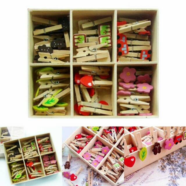 GROSIR 42pcs wooden clip 3cm FREE BOX penjepit foto polaroid