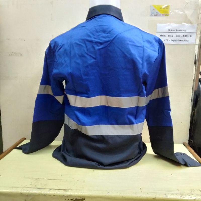 Baju Safety Kombinasi Biru Lengan Panjang / Kemeja Kerja Proyek Atasan Pria Bahan Drill