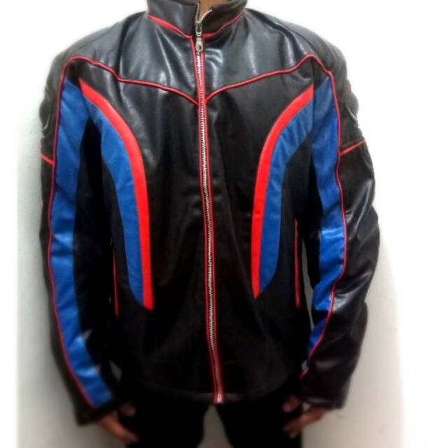 Jaket Motor // Jaket Kulit Sintesis FZM list Merah Biru