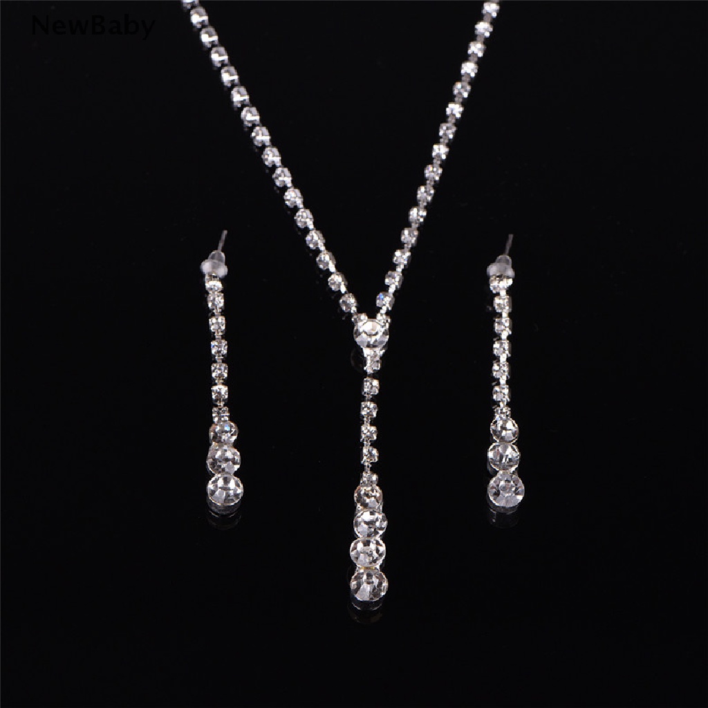 Newbaby 1 Set Kalung + Anting Tusuk Gantung Hias Kristal Berlian Imitasi Untuk Pengantin Wanita