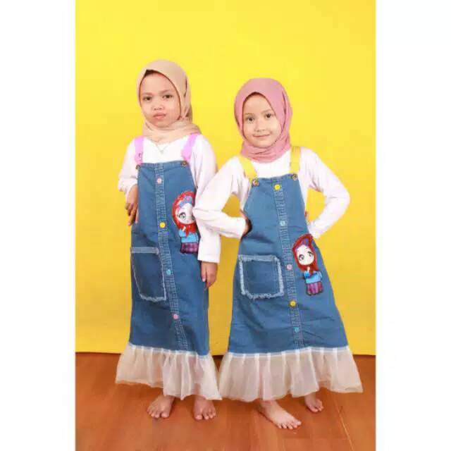 Setelan gamis overall jins tutu size 2-9 tahun